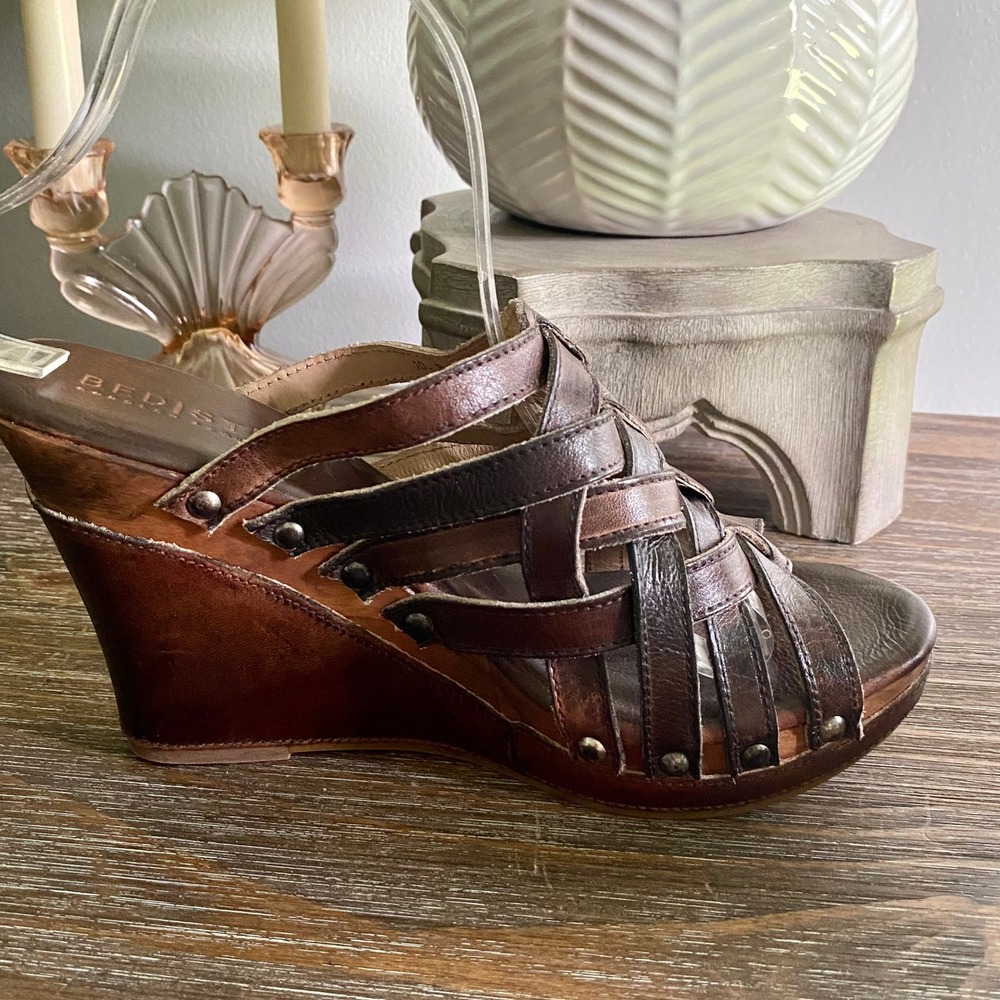 Bed Stu Gina Handmade Leather Studded Wood Platform Wedges Sandals Shoe 10 Brown - Picture 5 of 9